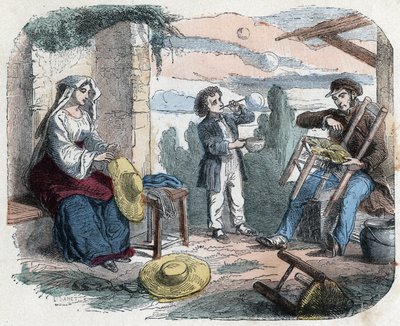 Uso della paglia nel XIX secolo: un uomo guarnisce una sedia con la paglia, una donna intreccia cappelli (cesteria), un bambino fa bolle di sapone con una paglia. Incisione fine XIX secolo. da Unknown artist