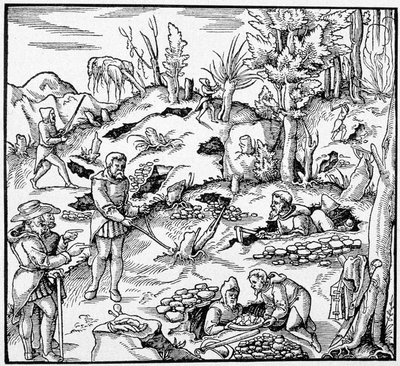 Uso del secchio magico per cercare i tesori della terra - in "Il Libro delle Miniere" di Agricola da Unknown artist