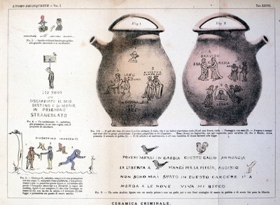 Varie illustrazioni e iscrizioni lasciate dai criminali su vasi di ceramica: studio di Cesare Lombroso (1835-1909), criminologo italiano in L