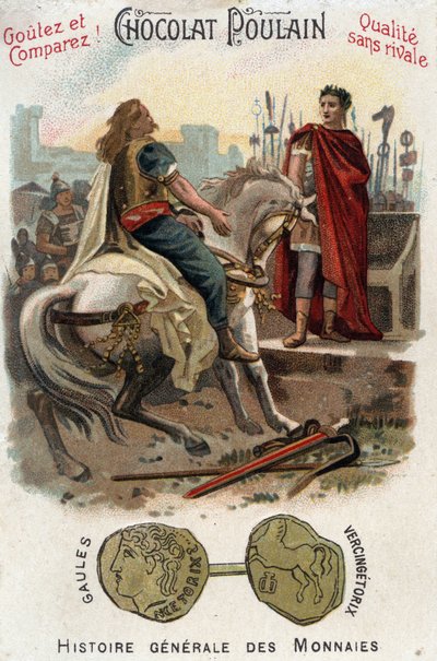 Vercingetorige (72-46 a.C.), capo della ribellione gallica, depone le armi ai piedi di Cesare (100-44 a.C.), dopo aver perso definitivamente la città di Alesia. Cromolitografia del tardo XIX secolo - Collezione privata. da Unknown artist