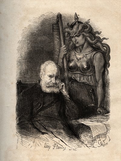 Victor Hugo seduto con una dea della guerra - incisione da "L
