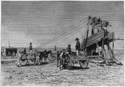 Vista dalla superficie della miniera di diamanti di Kimberley in Sudafrica. Incisione del 1883. da Unknown artist