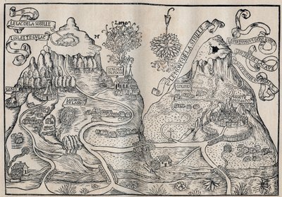 Vista del Monte Sibilla (Paradiso della Regina Sibilla) (Doppia mappa del Monte Pilato e del Monte Sibilla) - Antoine de La Sale (La Salle) scrittore satirico francese del XV secolo. da Unknown artist