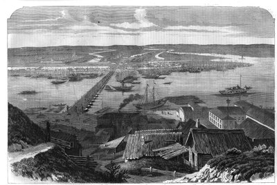 Vista di Nizhny Novgorod, città della Russia. Incisione in 