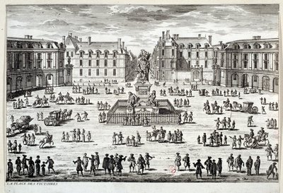 Veduta di Place des Victoires a Parigi con la statua di Luigi XIV eretta dal maresciallo de la Feuillade nel 1686. Incisione del XVII secolo da Unknown artist