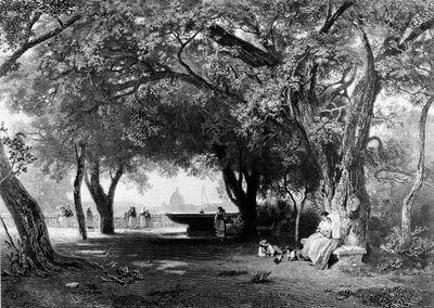 Veduta di Roma dal Pincio dove si trova Villa Medici. Sullo sfondo si vede la cupola di San Pietro. Incisione, circa 1840 da Unknown artist