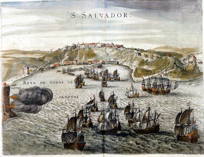 Vista di Salvador, precedentemente conosciuta come Bahia, capitale del Brasile nel 1549, quando fu fondata - Incisione del XVI secolo da Unknown artist