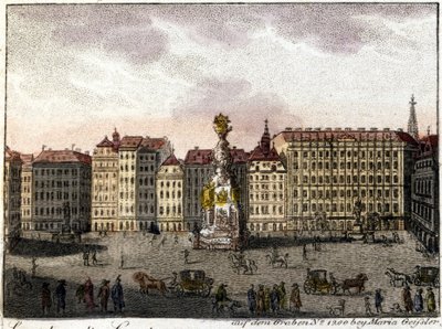 Veduta di Vienna e Piazza Graben (fossa) che prende il nome dal fossato scavato dai Romani per difendere la città. Litografia della metà del XIX secolo. da Unknown artist