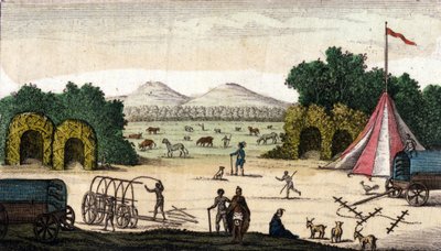 Veduta di un campo olandese (dei pionieri boeri o voortrekker, afrikaner) a Pampoen Kraal, Provincia del Capo, Sudafrica. 1860 da Unknown artist