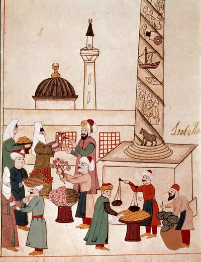 Veduta di un bazar a Costantinopoli. Miniatura tratta da un manoscritto Cicogna del XIX secolo (1828) dopo un originale del XVII secolo (1671). Venezia, Biblioteca Marciana da Unknown artist