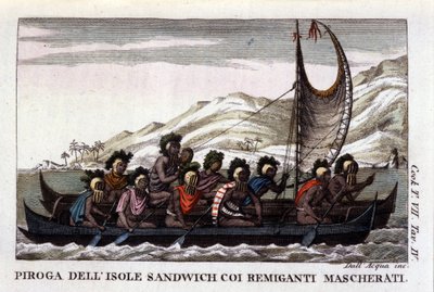 Veduta di una canoa con vele delle isole Hawaii in Polinesia, l