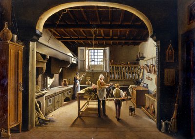 Vista di una cucina: persone indaffarate da Unknown artist