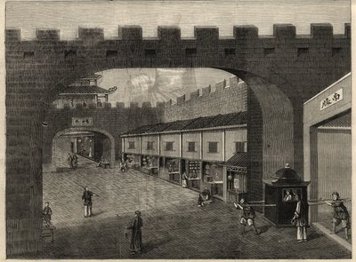 Veduta di una strada nelle mura della città di Guangzhou, Cina. Incisione in "The Illustrated London News" del 14 febbraio 1857. da Unknown artist