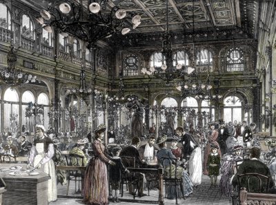Veduta di uno dei ristoranti (bouillon), mensa economica per lavoratori, fondata da Alexandre Duval a Parigi 1880 - 1885. XIX secolo (incisione) da Unknown artist