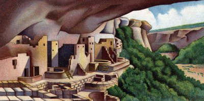 View of the Cliff Palace (Ancient Pueblo Building) Mesa Verde National Park, USA (Vista del Cliff Palace, la più grande abitazione sulla scogliera del Nord America, struttura costruita dagli antichi popoli Pueblo, situata nel Parco Nazionale di Mesa Verde, da Unknown Artist