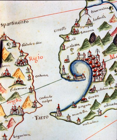 Veduta dello Stretto di Messina tra Calabria e Sicilia in Italia. Dettaglio del portolano di Castellini da Unknown artist