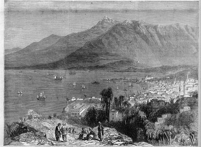 Veduta del porto di Beirut e delle montagne del Libano. Incisione in 