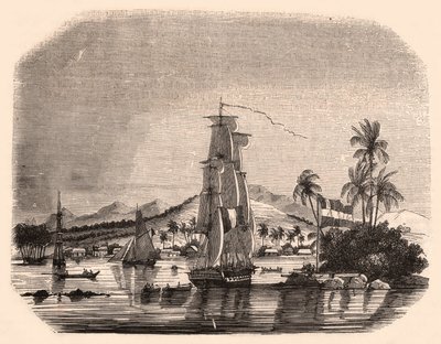 Vista della baia di Papeete e del blocco Regina, Tahiti, Polinesia Francese e in primo piano barche a vela e barche da Unknown