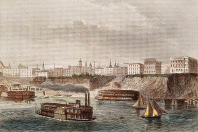 Veduta della città di Cincinnati e del fiume omonimo in Ohio. Barche a vapore e a ruota navigano. Incisione del XIX secolo da Unknown artist