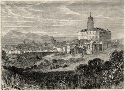 Veduta della città di Monterotondo in Italia. Incisione in 