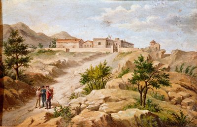 Veduta della casa del patriota italiano e eroe del Risorgimento Giuseppe Garibaldi (1807-1882) a Caprera (Sardegna). Garibaldi è con due contadini a sinistra del quadro da Unknown artist