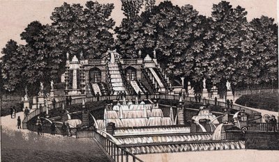 Vista della grande cascata nel parco di Saint-Cloud, Francia in "Il mondo illustra 168 vedute" da Unknown artist