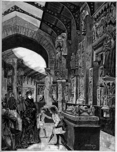 Veduta del museo di architettura comparata, al Palais du Trocadero a Parigi nel 1882. Incisione in "Il Mondo Illustre" n.1314 del 3 giugno da Unknown artist
