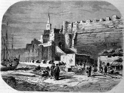 Veduta del porto della città fortificata di Tangeri e della costa, Marocco. Incisione del 1860 da Unknown artist