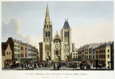 Vista del portale della chiesa di St Denis, vicino a Parigi, sepoltura dei re di Francia, e mercato sulla piazza - in “Paris par Courvoisier” da Unknown artist