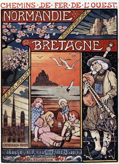 Vedute della Normandia (Rouen ed Etretat) e della Bretagna (Mont Saint Michel), bambini sulla spiaggia e suonatore di cornamusa - manifesto pubblicitario delle Ferrovie dell