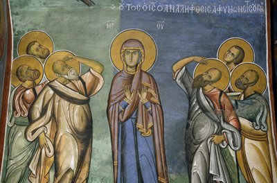 Vergine Maria tra gli eletti, affresco (1192), Chiesa di Panayia Tou Araka (Chiesa di Nostra Signora del Pisello) (Lista del Patrimonio Mondiale dell