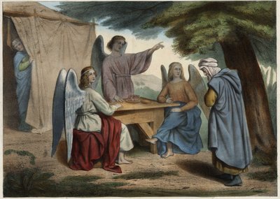 Visita dei Tre Angeli ad Abramo: Abramo apprende che sua moglie Sara, già molto anziana, gli darà presto un figlio. Incisione anonima della metà del XIX secolo. da Unknown artist