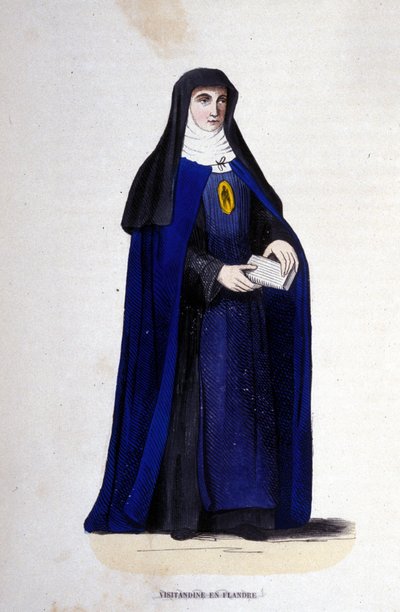 Religiosa visitandina nelle Fiandre. Ordine della Visitazione fondato da San Francesco di Sales e Santa Giovanna di Chantal nel 1610. Incisione del XIX secolo. da Unknown artist