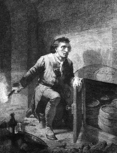 Guerra di successione spagnola: rappresentazione del soldato minatore piemontese Pietro Micca che afferra una botte di polvere per impedire il passaggio dei soldati francesi nel sotterraneo della cittadella durante l