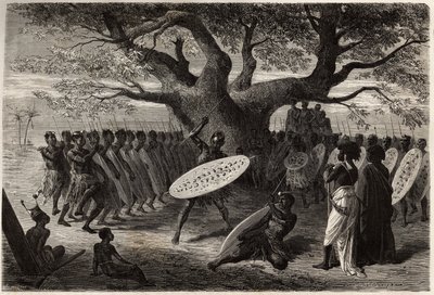 Esercizi guerrieri dei Landines o caffres-zulus, una Sena (regione del fiume Zambesi, Mozambico). Incisione per illustrare i primi viaggi del Dr. Livingstone in Africa meridionale dal 1840 al 1856, in "Le tour du monde, nouveau journal des voyages", a cura da Unknown artist