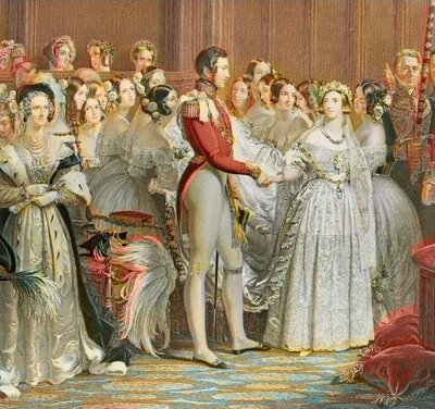 Matrimonio della Regina Vittoria con il Principe Alberto di Sassonia Coburgo Gotha nel Palazzo di San Giacomo a Londra il 10 febbraio 1840 (incisione) da Unknown artist