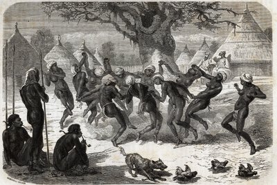 Danza di benvenuto delle donne della tribù, al ritorno di Baker e sua moglie dal Lago Alberto. Incisione per illustrare il viaggio al Lago Alberto, nel 1861-1864, di Sir Samuel White Baker, in 