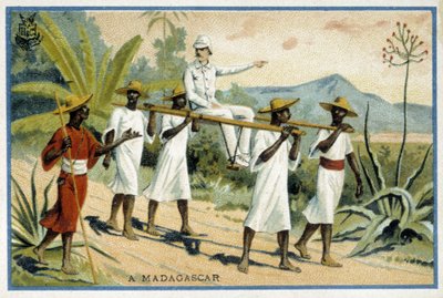 Colono bianco su sedia a rotelle, Madagascar - Cromolitografia da Unknown artist
