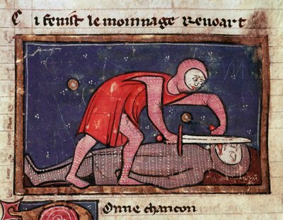 Guglielmo V di Poitiers detto il Grande taglia la lingua del suo nemico il conte Bosone II della Marca nel 1008. Miniatura tratta da 