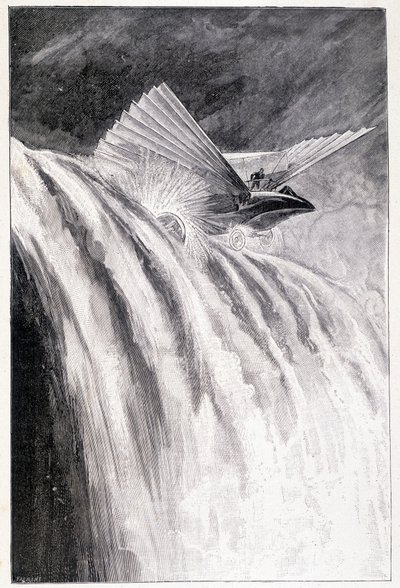 Veicolo alato che attraversa una cascata, ill. “Il padrone del mondo”, Jules Verne, fine XIX secolo da Unknown artist