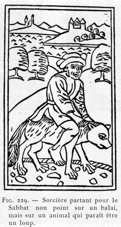 Strega che parte per il sabba non su una scopa, ma su un animale che sembra essere un lupo da Unknown artist