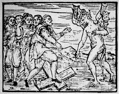 Stregoneria: il diavolo e gli uomini che camminano sulla croce cattolica - incisione da Unknown artist