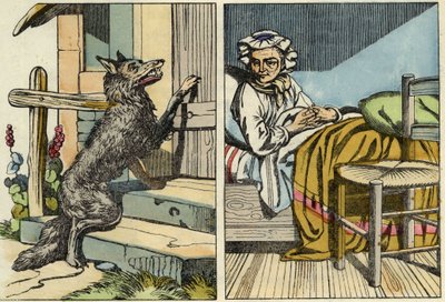Il lupo bussa alla porta della nonna. Illustrazione del racconto "Cappuccetto Rosso" di Charles Perrault da Unknown artist