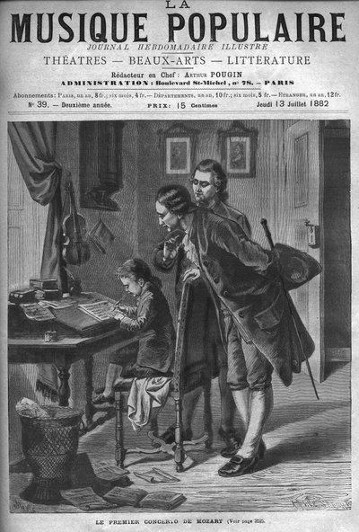 Wolfang Amadeus Mozart scrive un concerto per clavicembalo alla presenza di suo padre Leopold e Andreas Schachtner nel 1762 - incisione in "Musica Popolare" - 1882 da Unknown artist