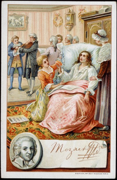 Wolfgang Amadeus Mozart (1756-1791) negli ultimi giorni della sua vita. Cromolitografia del 19° secolo da Unknown artist