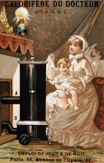 Donna e bambino che si riscaldano in un interno, pubblicità "doctor