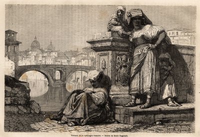 Donne e bambini della campagna romana a riposo sul bordo del Tevere, dietro l