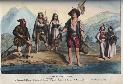Donne e uomini in costumi tradizionali siciliani - Pescatore di Palermo, pastore tra Palermo e Trapani, donna di Trapani, pescivendolo, abitanti di Malta. incisione da 