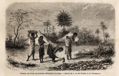 Donne delle rive dello Zambeze che dissodano con una zappa, e introducono i bambini al lavoro agricolo. Incisione per illustrare i primi viaggi del Dr. Livingstone nell