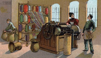 Industria della lana, pettinatura. Cromolitografia della fine del XIX secolo da Unknown artist